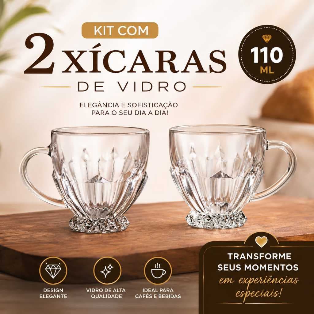 Kit Com 2 Xícara de Chá  Café Vidro Elegância e Sofisticação Transparente Jogo Xicaras Vidro