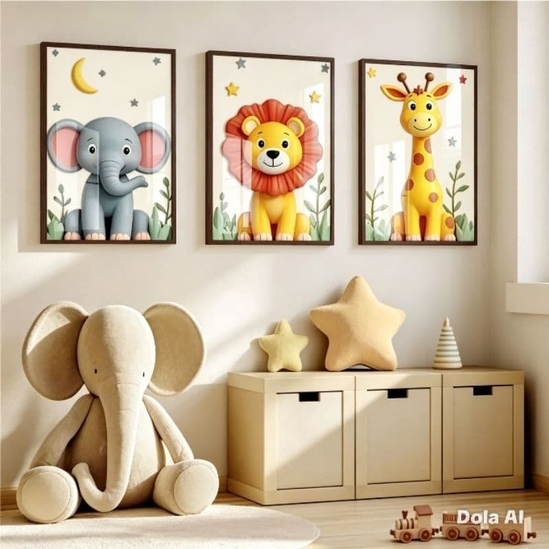 Quadro Moldura e Vidro Kit Três Peças Safari Zebra Leão Elefante Decoração Quarto Infantil Criança