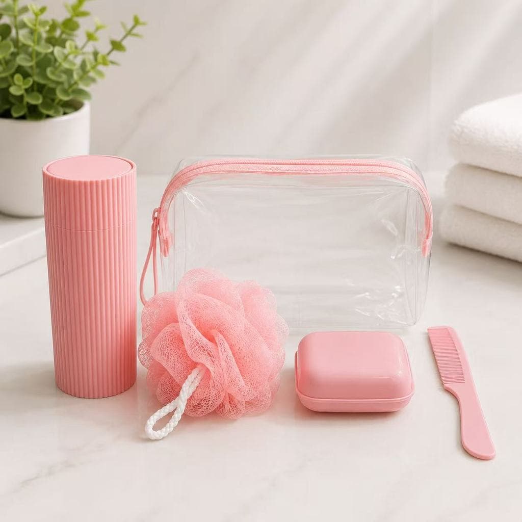 Kit 5 Peças Kit de Viagem Com Bolsa Porta Escova Pente Saboneteira e Ducha Compacto Para Viagem