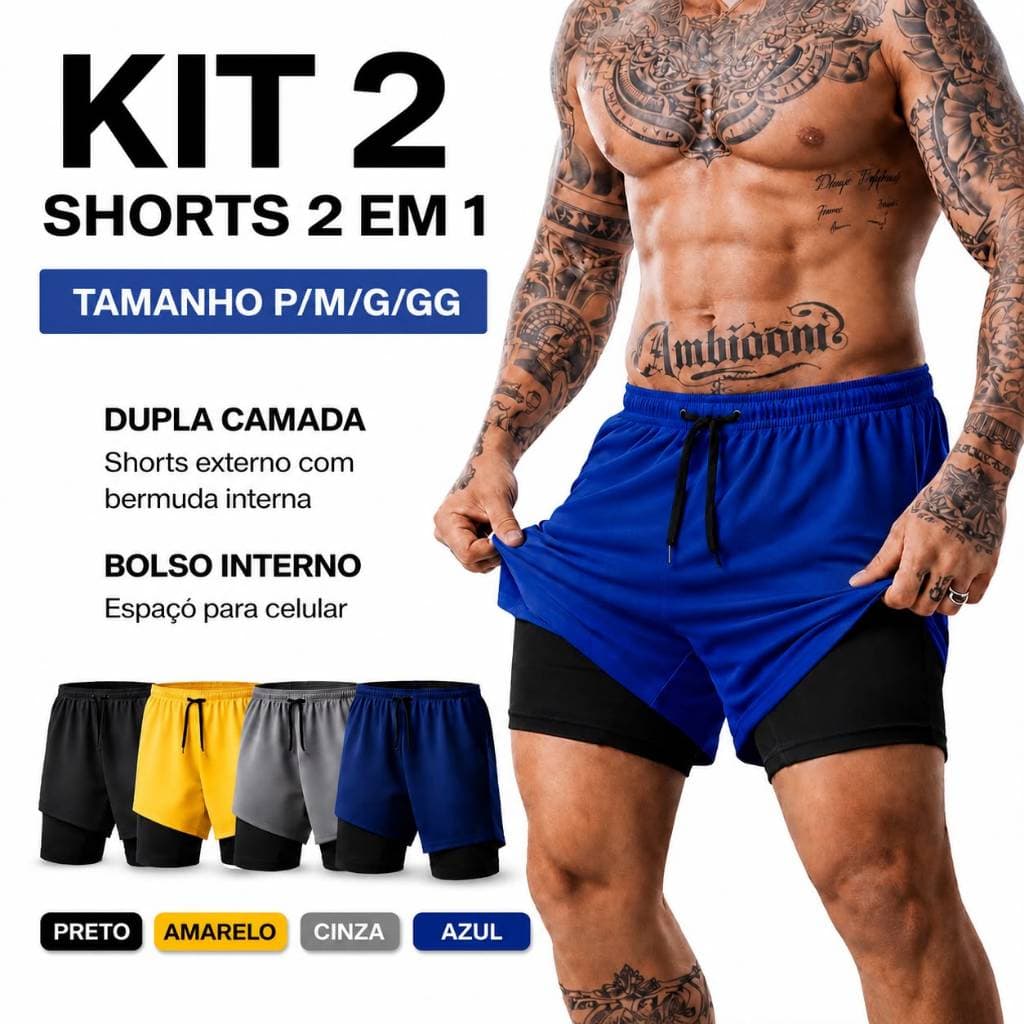 KIT 2 Shorts Dry Fit Masculino 2 em 1 Academia Corrida Fitness Compressão Bolso Celular Musculação