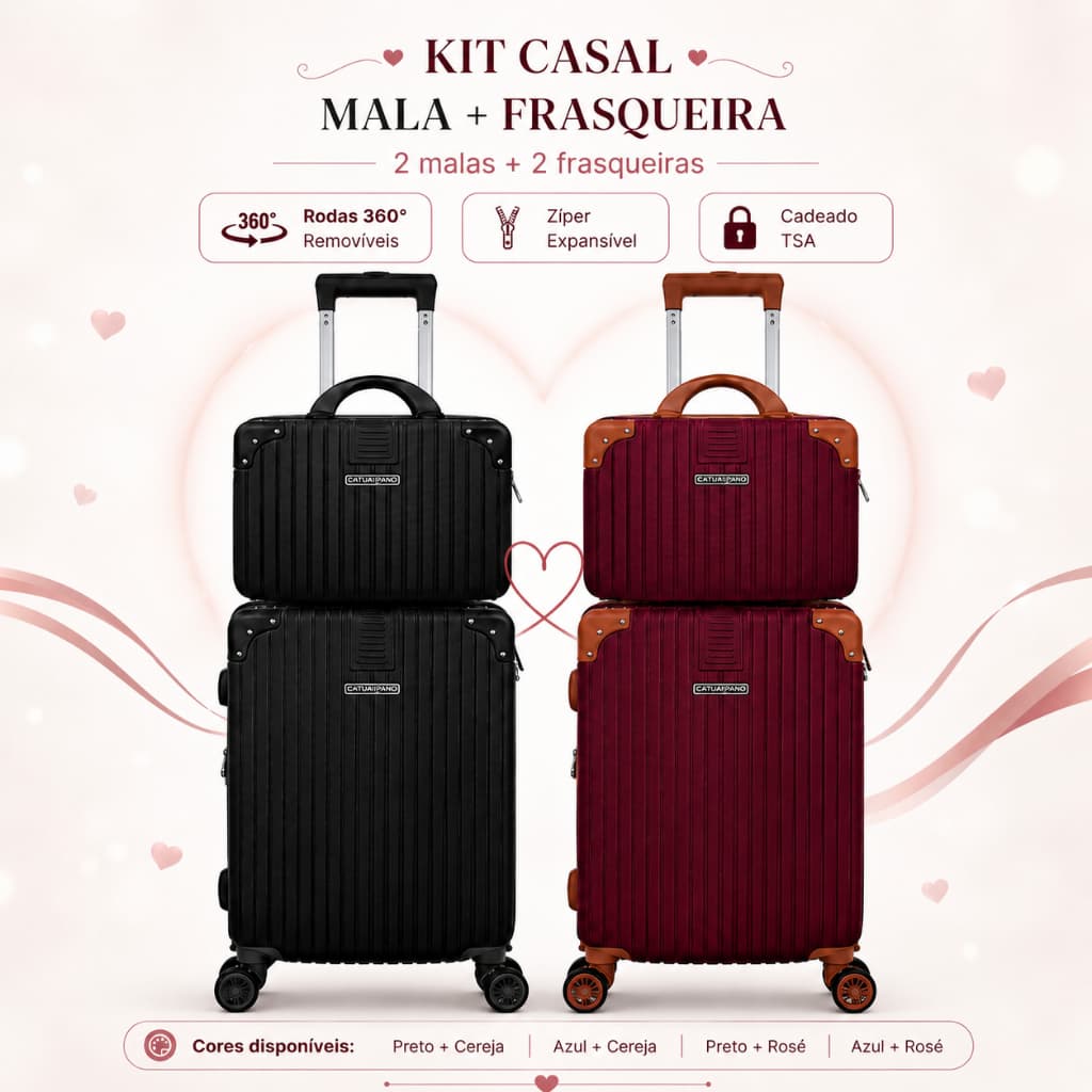 Kit Casal de Malas com Frasqueiras 8 kg e 10 kg Com Rodas Removível Zíper Expansível Cadeado TSA