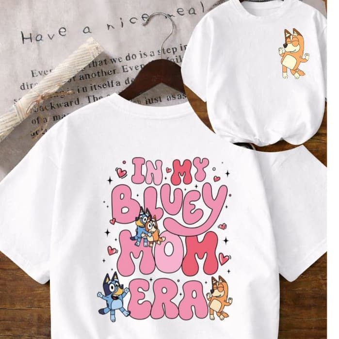 Camiseta Camisa Blusa Feminina 100%Algodão Bluey e Bingo, Mãe estilosa delicada Moderna