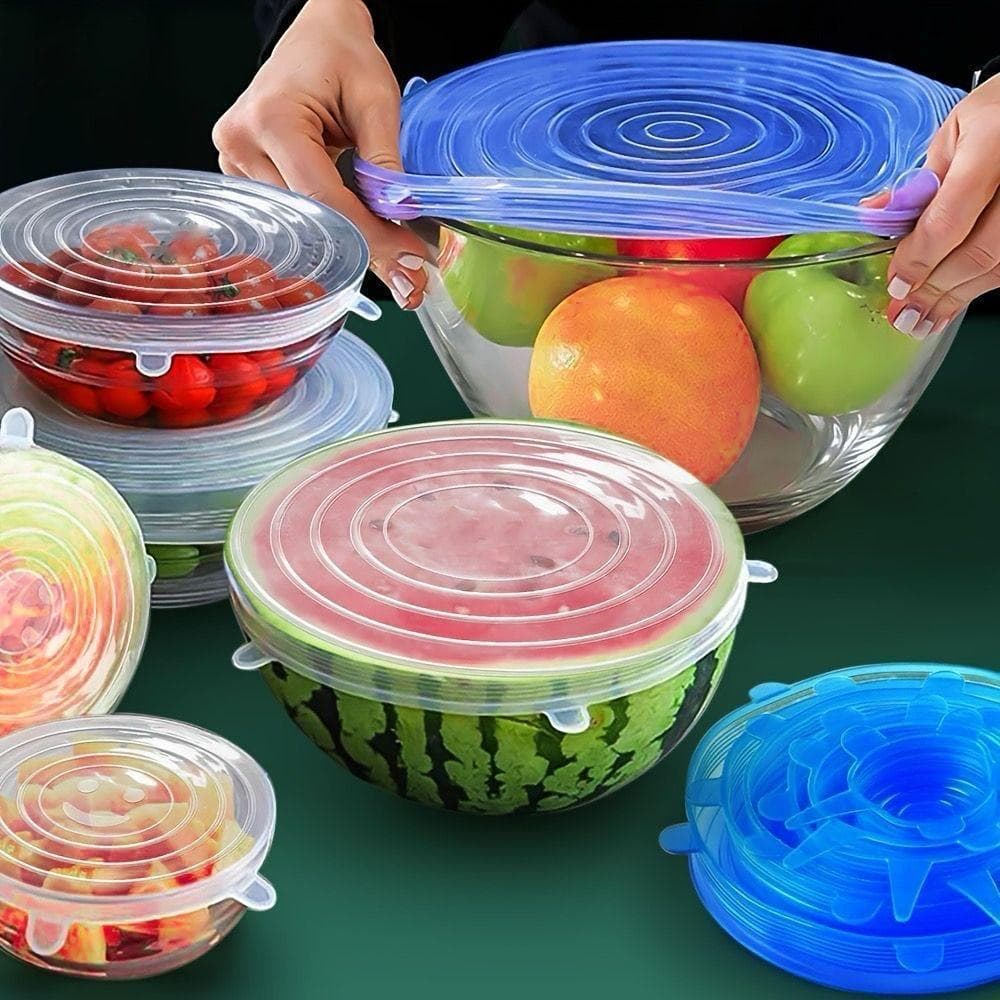 Kit 6 Tampas de Silicone Reutilizáveis Tampa Universal para Potes Copos Tigelas Alimentos Vedação Flexível BPA Free