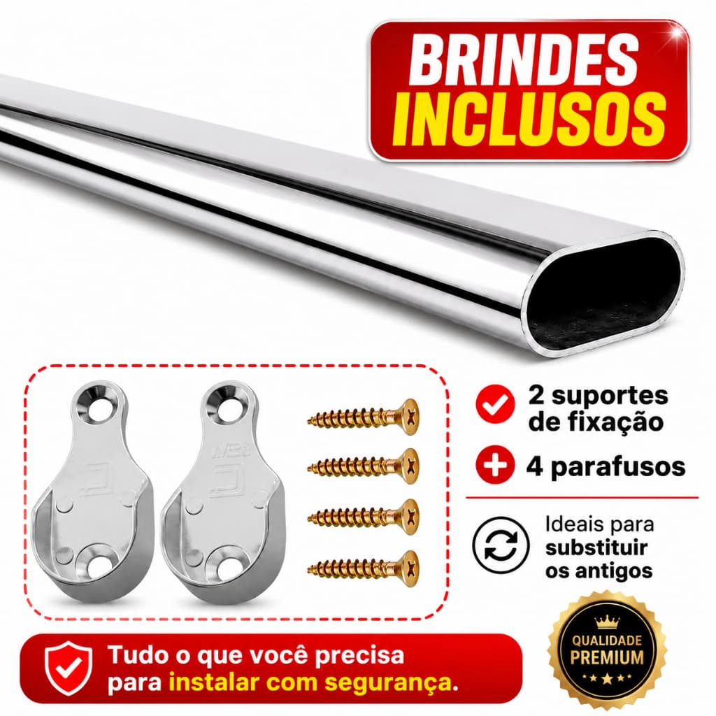 Tubo Cabideiro Cromado Para Lavanderia Varal Interno Pendurar Roupas Kit Suporte e Parafusos