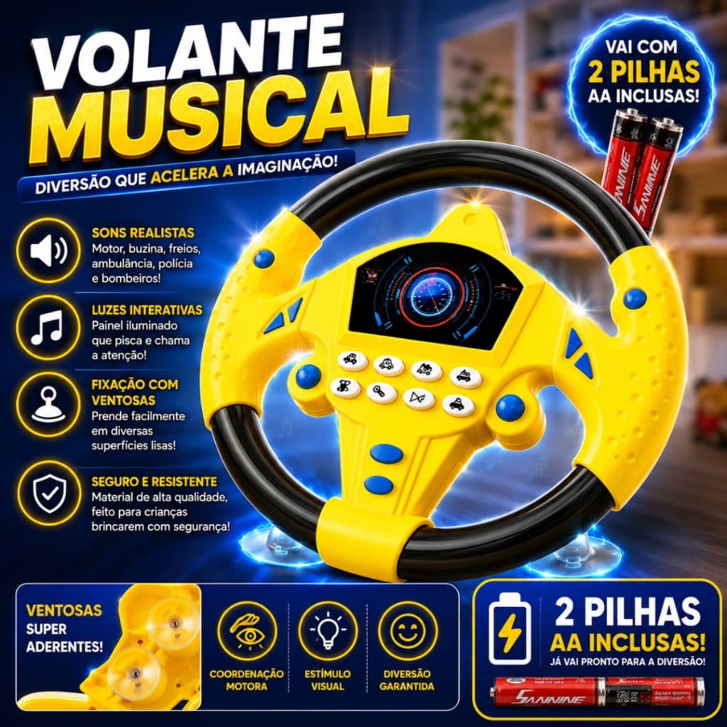 Volante Educativo Infantil Musical com Ventosa Som Luz Brinquedo Interativo Direção