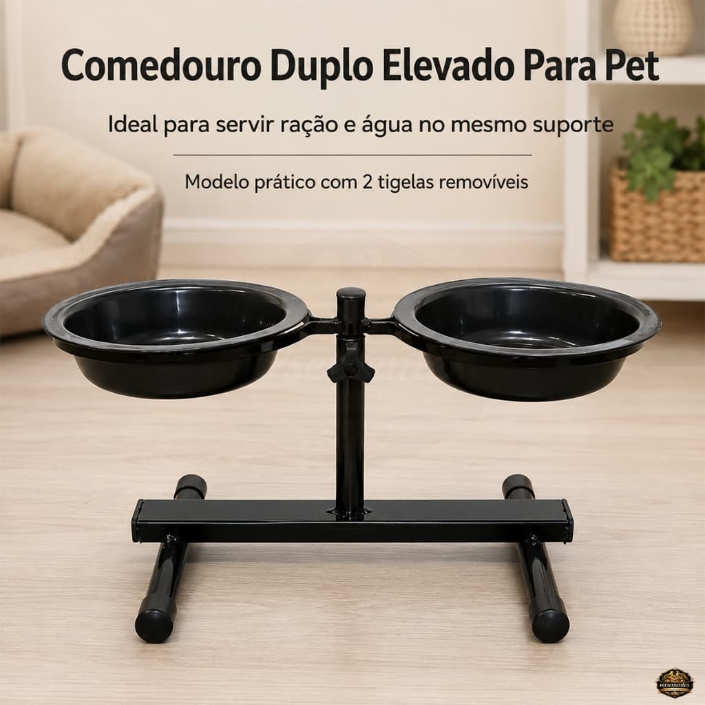 Comedouro Alto Ajustavel Duplo Para Pet Médio com 2 Potes Removíveis Para Ração e Água Cães e Gatos