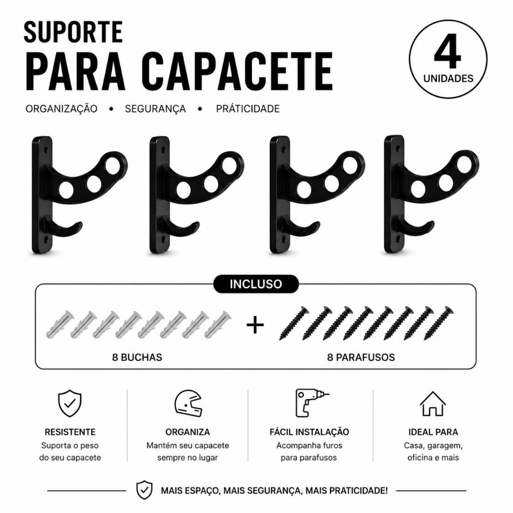 Kit 4 Suportes Para Capacete e Acessórios Com Buchas e Parafusos Incluso