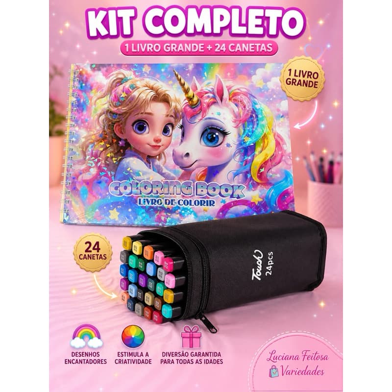 Kit Livro de Colorir Grande + 24 Canetas Coloridas Estojo Criativo Infantil e Adulto