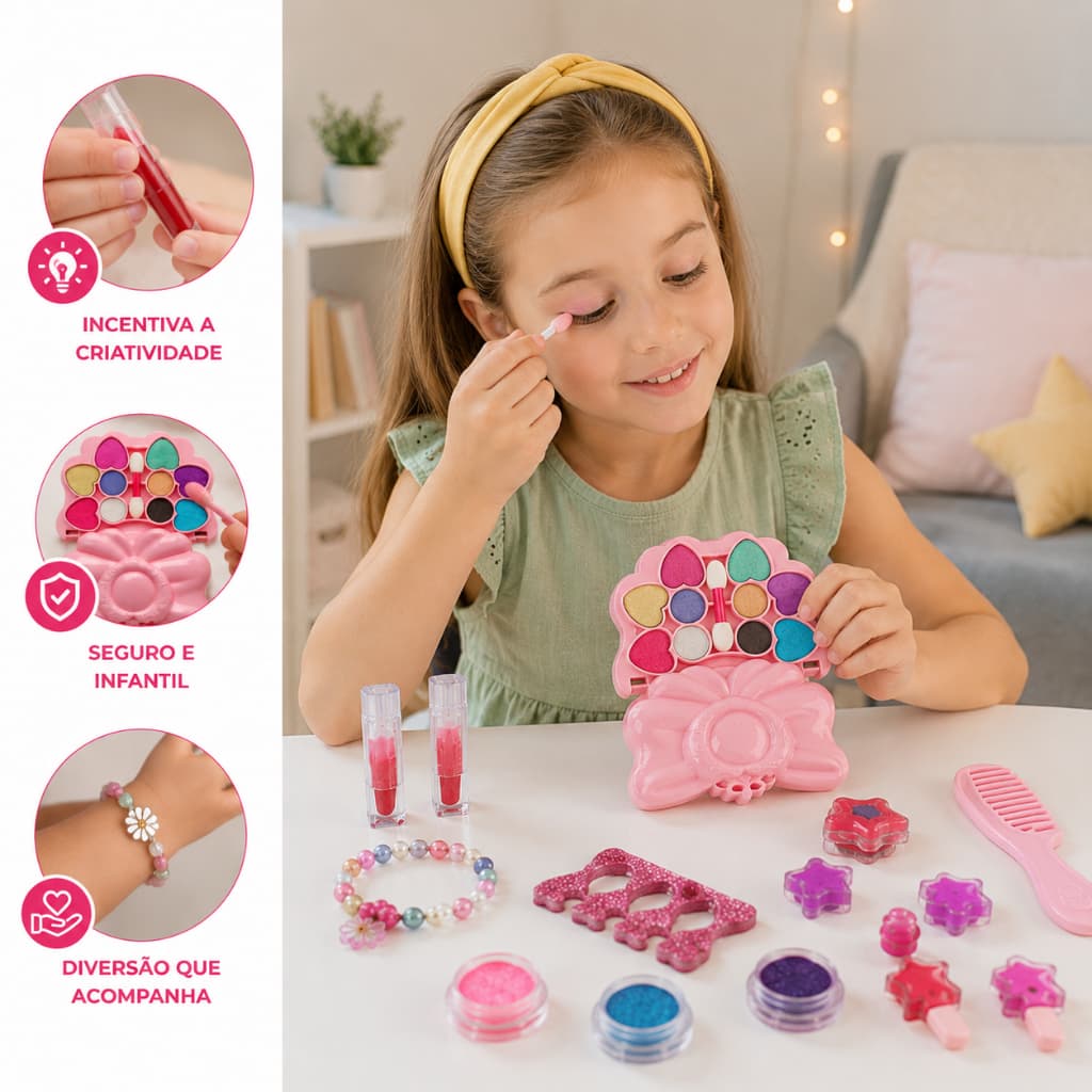 Kit de Maquiagem Feita pra Criança Infantil Maleta Fashion Sombras Brilhos Batons Seguro Colorido