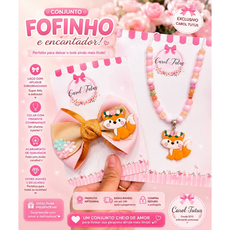 Laço Raposinha | Laço de cabelo infantil para meninas | Colar regulavel para menina raposinha