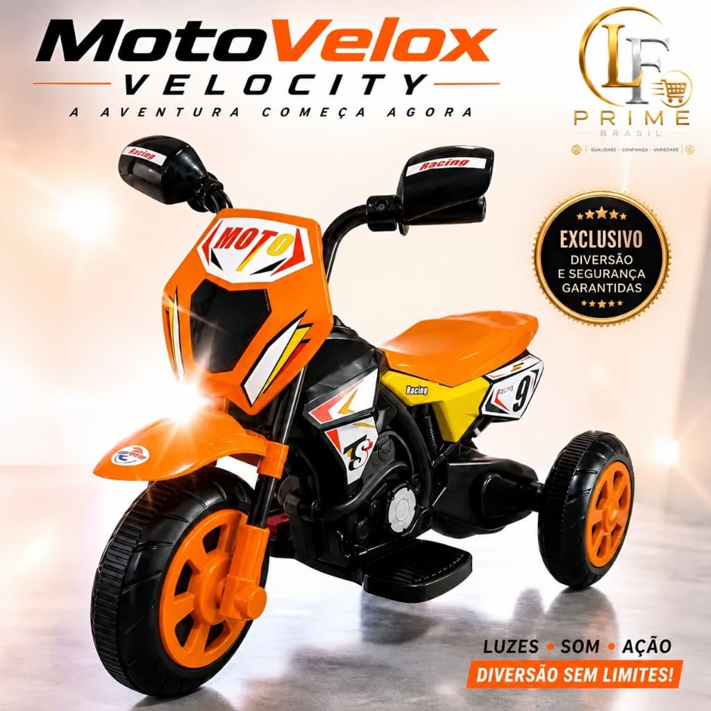 Moto Elétrica Infantil Cross Tração Com Luzes Led Design Esportivo Laranja Pedal Ré