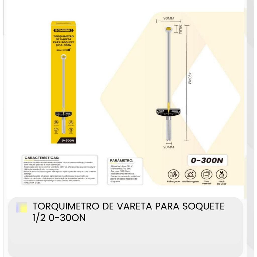 Torquímetro de Vareta 1/2 Polegada Faixa 0-300N.m para Mecânica Automotiva