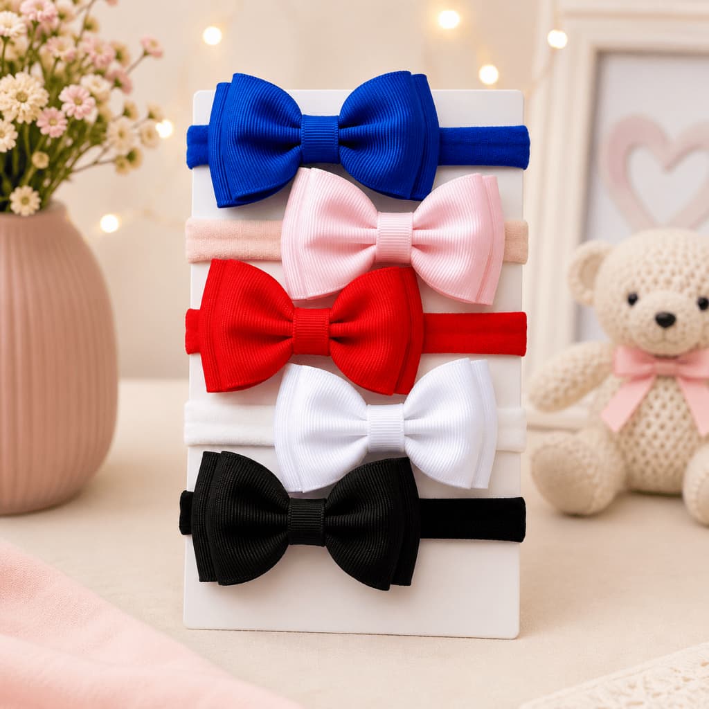 Kit com 5 faixinhas laços gravatinha duplo na meia de seda para bebê. Tiara de cabelo para rn.