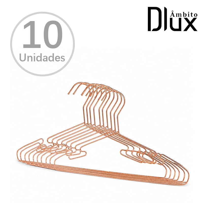 Ambito Dlux Kit 10 Cabides Adulto 41cm Em Aço Carbono Cor Rose Gold Resistente Para Camisas Casacos