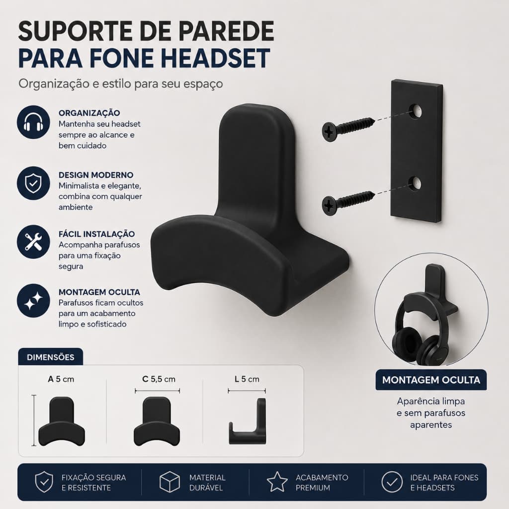 Suporte de Parede para Headset Headphone Fone de Ouvido com Montagem Oculta Organizador Gamer Home Office