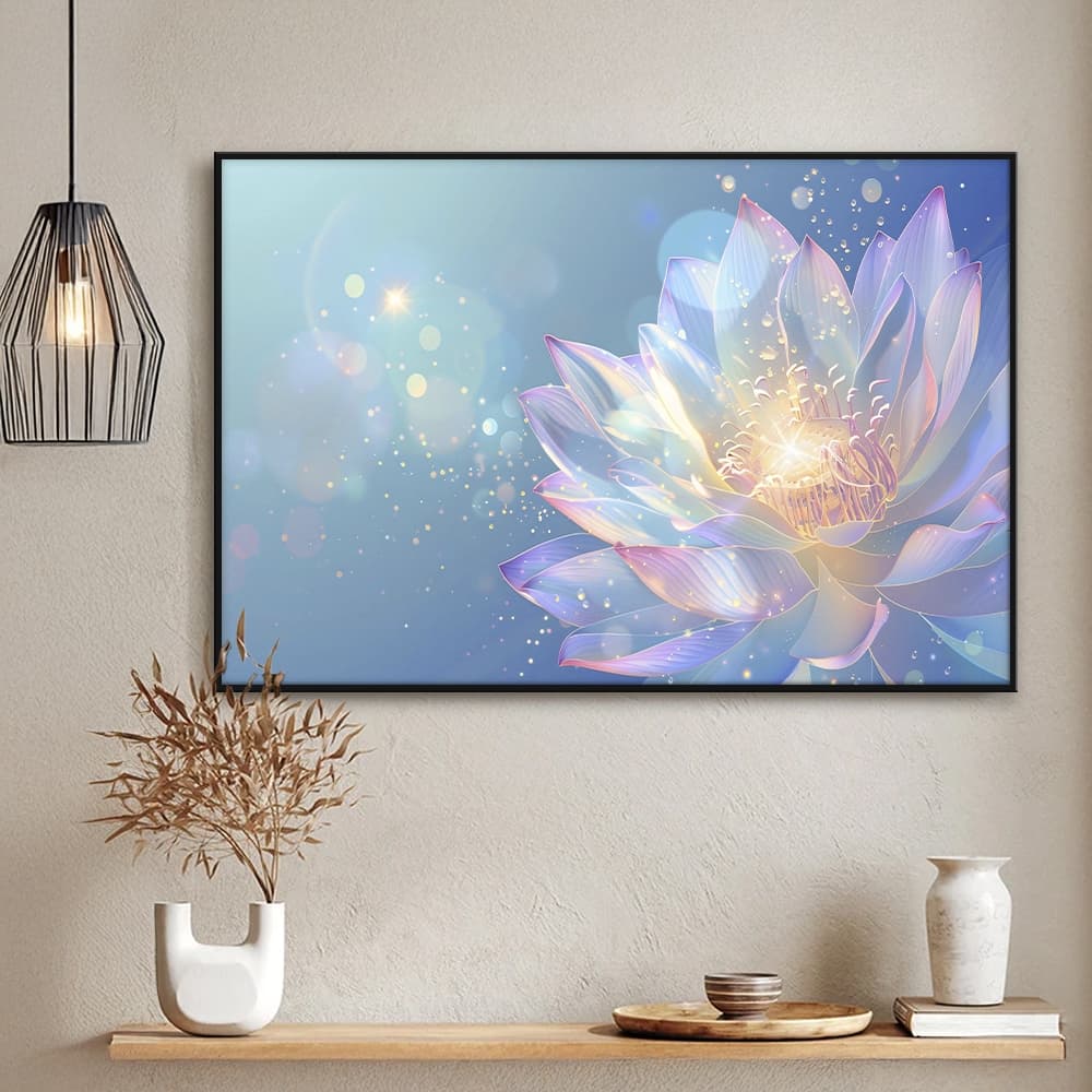 Quadro sem Vidro Floral Lótus Lilás Iluminada com Tons de Azul Claro Quadro Decorativo