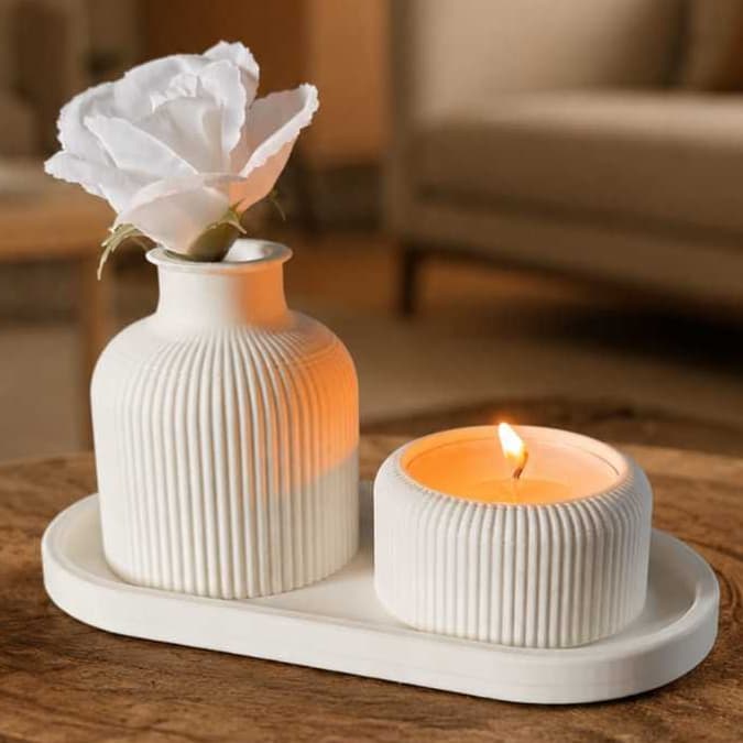 Kit Decorativo Vaso + Porta Vela com Bandeja Impressão 3D Decoração Minimalista Moderna