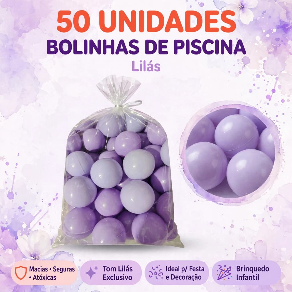 50 Bolinhas de Piscina Lilás 71mm Infantil Brinquedo Decoração