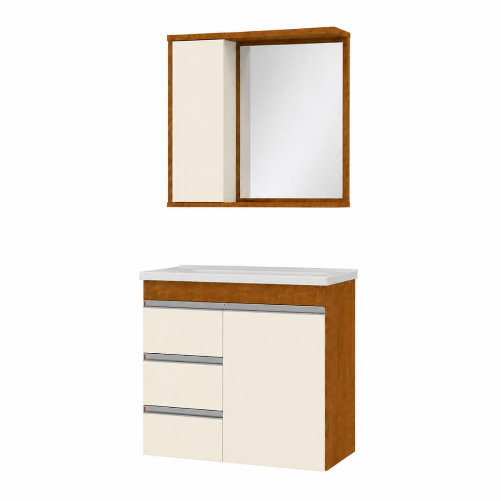 Conjunto Gabinete Malibu Completo Com Cuba E Espelheira Para Banheiro - Freijó/Off White