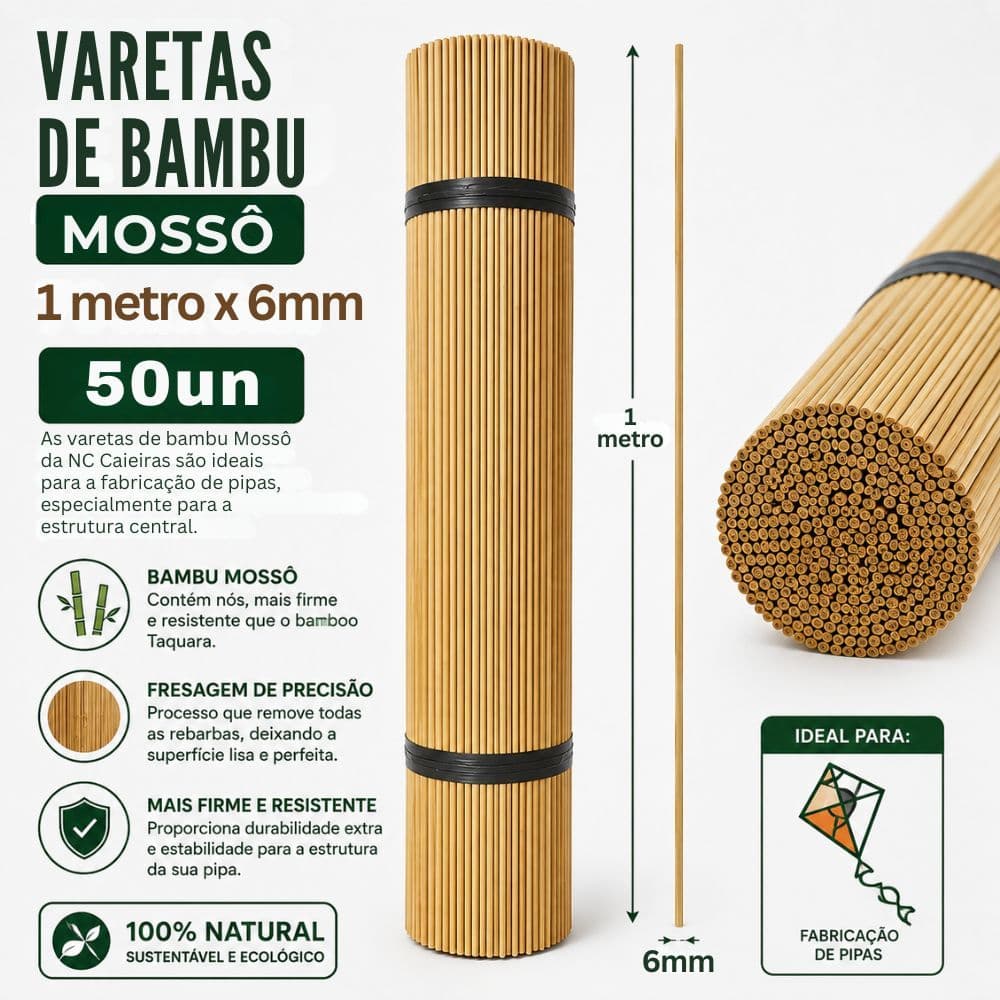 Varetas de Bambu Mossô: 100cm x 6mm - 50un