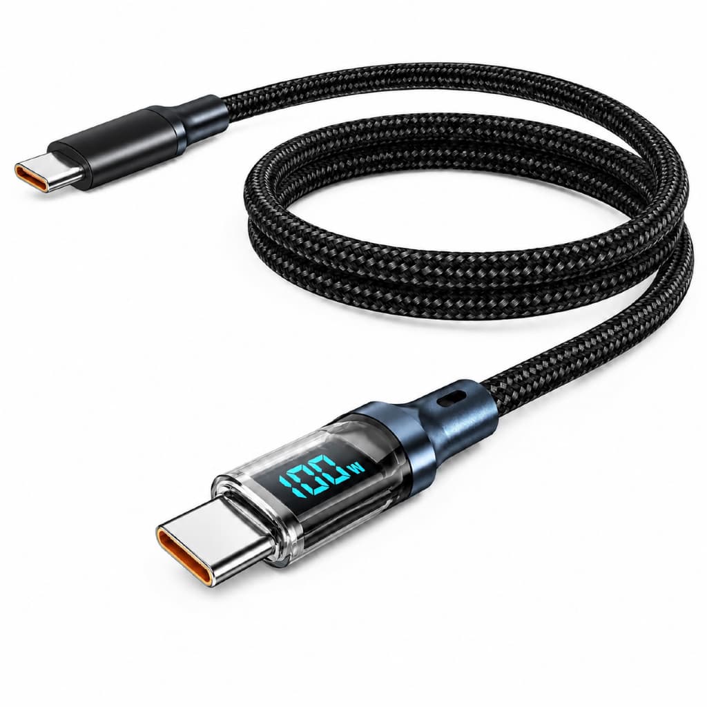 Cabo USB-C para USB-C 100W com Display LED 2 Metros Nylon Trançado Preto