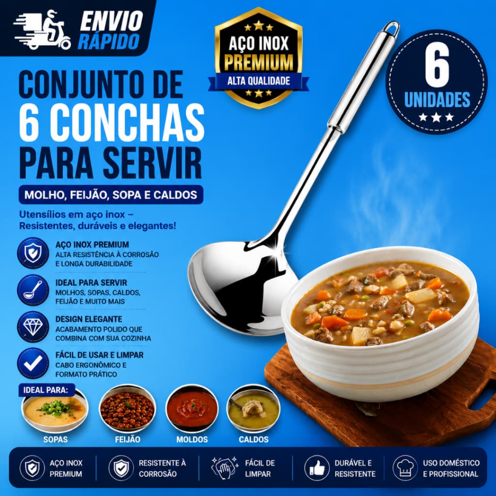 Conj 6 e 3 Concha Para Servir Molho Feijão Sopa Caldos Utensílios Metal Aço Inox Cozinha SQ 3722