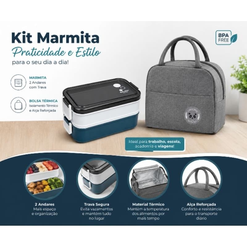 Kit Marmita 2 Compartimentos + Bolsa Térmica Rosa com Talheres Inclusos Lunch Box Portátil