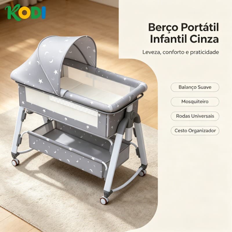 Berço Portátil Infantil com Balanço Mosquiteiro Rodas Universais Cercado Cinza - P18
