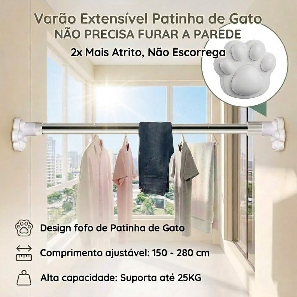 Varão Extensivel Suporta 25kg Sem Furar Parede Patinha de Gato SEM FUROS Suporte Cortina Extensível 2X Mais Firme