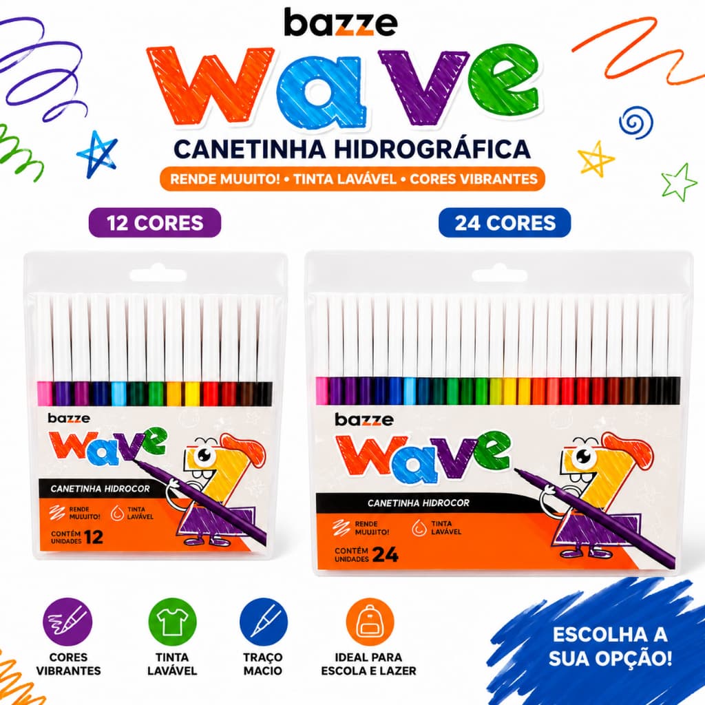 Canetinha Hidrográfica Bazze Wave 12 OU 24 Cores Lavável Escolar Desenho e Pintura