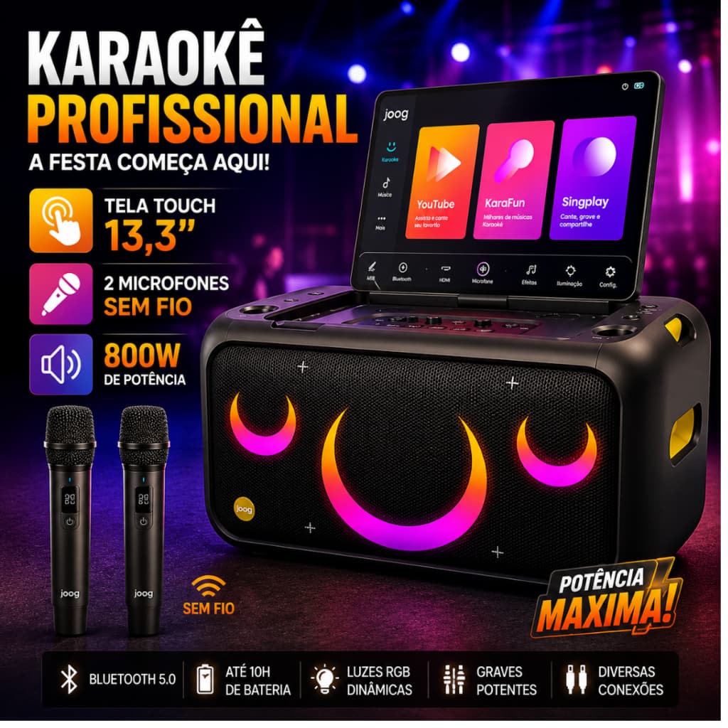 Caixa Karaokê JOOG X1 Tela Touch 13,3" Bluetooth 2 Microfones Sem Fio 800W