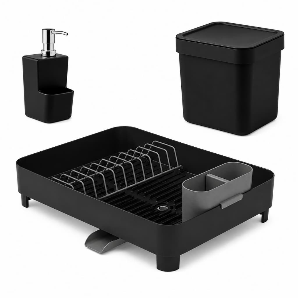 Kit Cozinha pia premium Lixeira 4,7l Escorredor de Louças E Dispenser Detergente - Preto