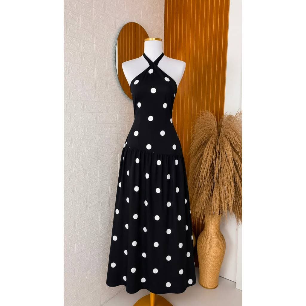 Vestido Longo Feminino Max Poá Polka Dots Halter Neck Primavera Verão 2027 Elegante Casual Lançamento