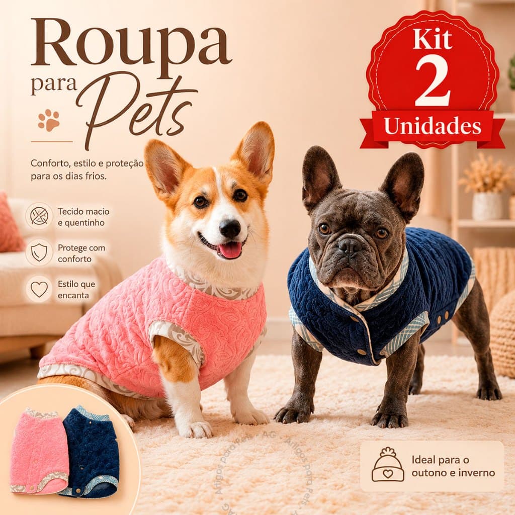 Kit 2 Roupinha para Pet 100% Soft Roupa Inverno Frio Cachorro Gato Cães Pequeno e Grande Porte Macho e Fêmea