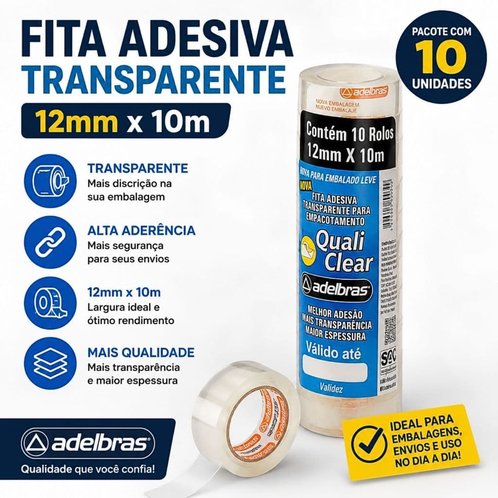 Fita Adesiva Polisil 12mmx10m Transparente Adelbras Pct C/ 10 Und