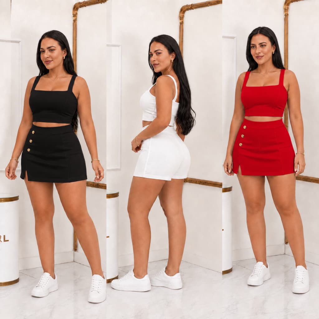 Conjunto Plus Size Feminino Cropped e Short Saia com Botões P M G GG | Tecido Premium Liverpool