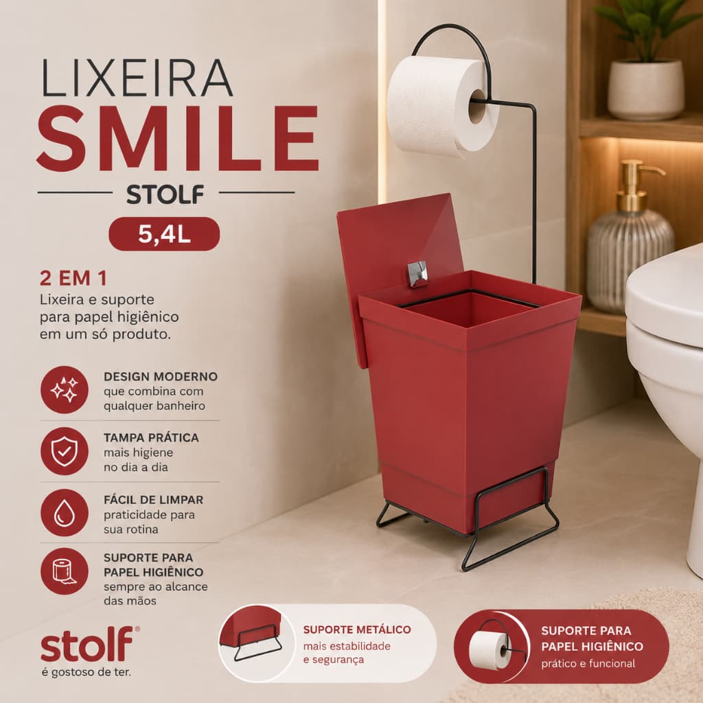 Lixeira para Banheiro 5,4L Stolf Smile com Tampa | Lixeira Compacta para Banheiro e Lavabo