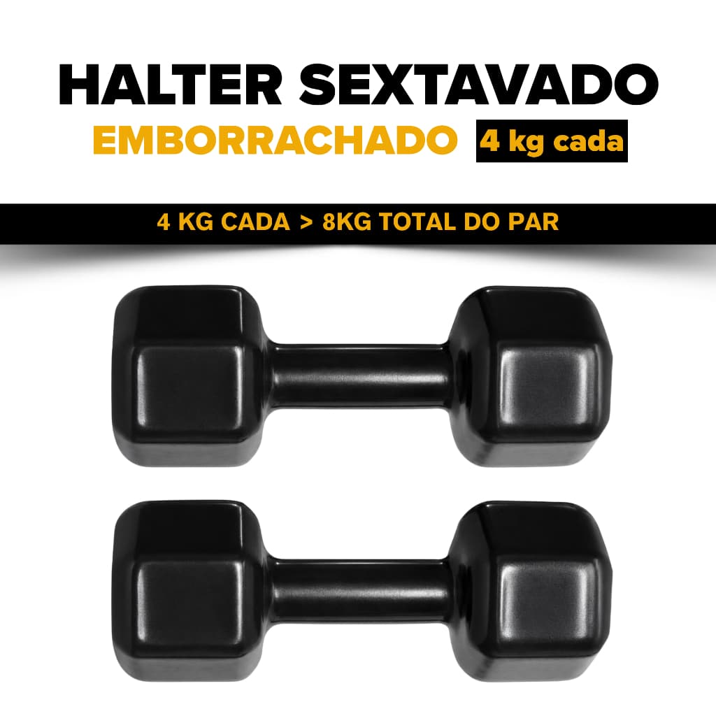Par de Halter Sextavado Emborrachado 4kg - Qualidade Premium