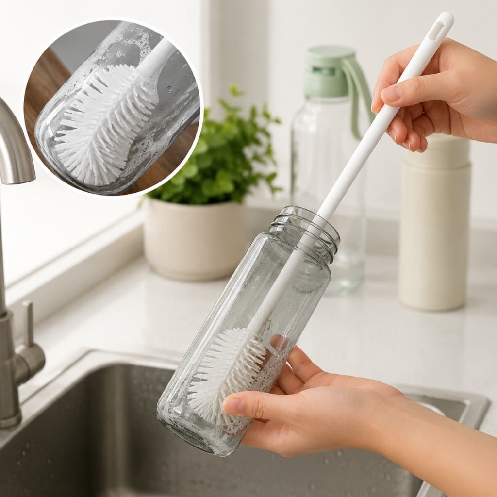 Escova de Silicone para Limpeza de Garrafas, Copos e Mamadeiras Cabo Longo  Multiuso