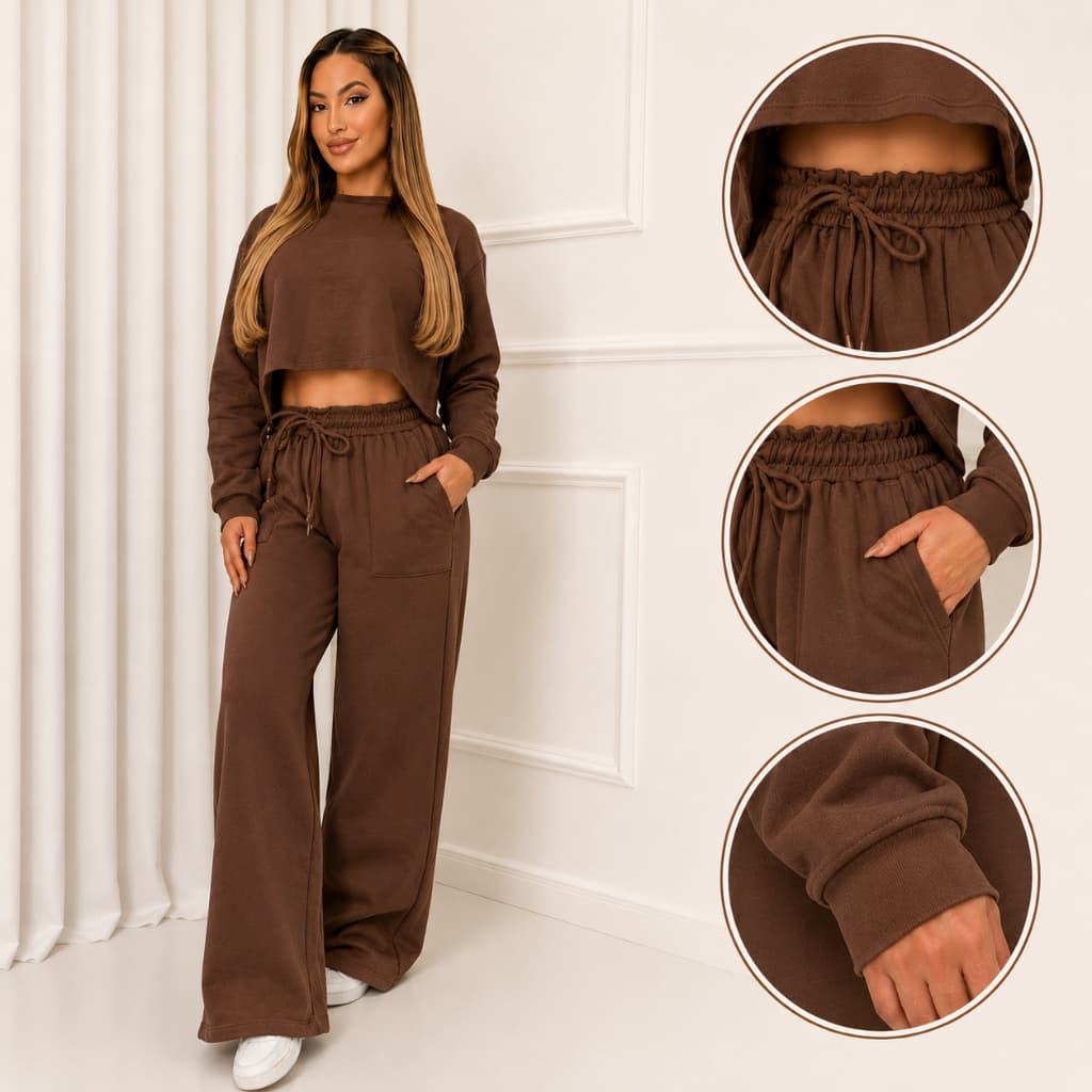 Moletom De Cropped Com Calça Pantalona Wide Leg Estilo Americano Jogger Não Pega Bolinha