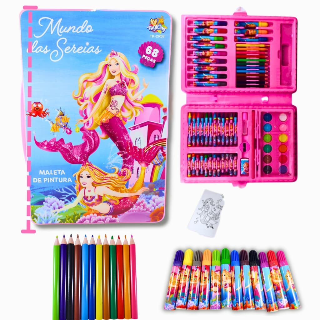 Maleta infantil Estojo Desenho Infatil Conjunto Material Escolar Pintura Kit 68 peças Sereia Color