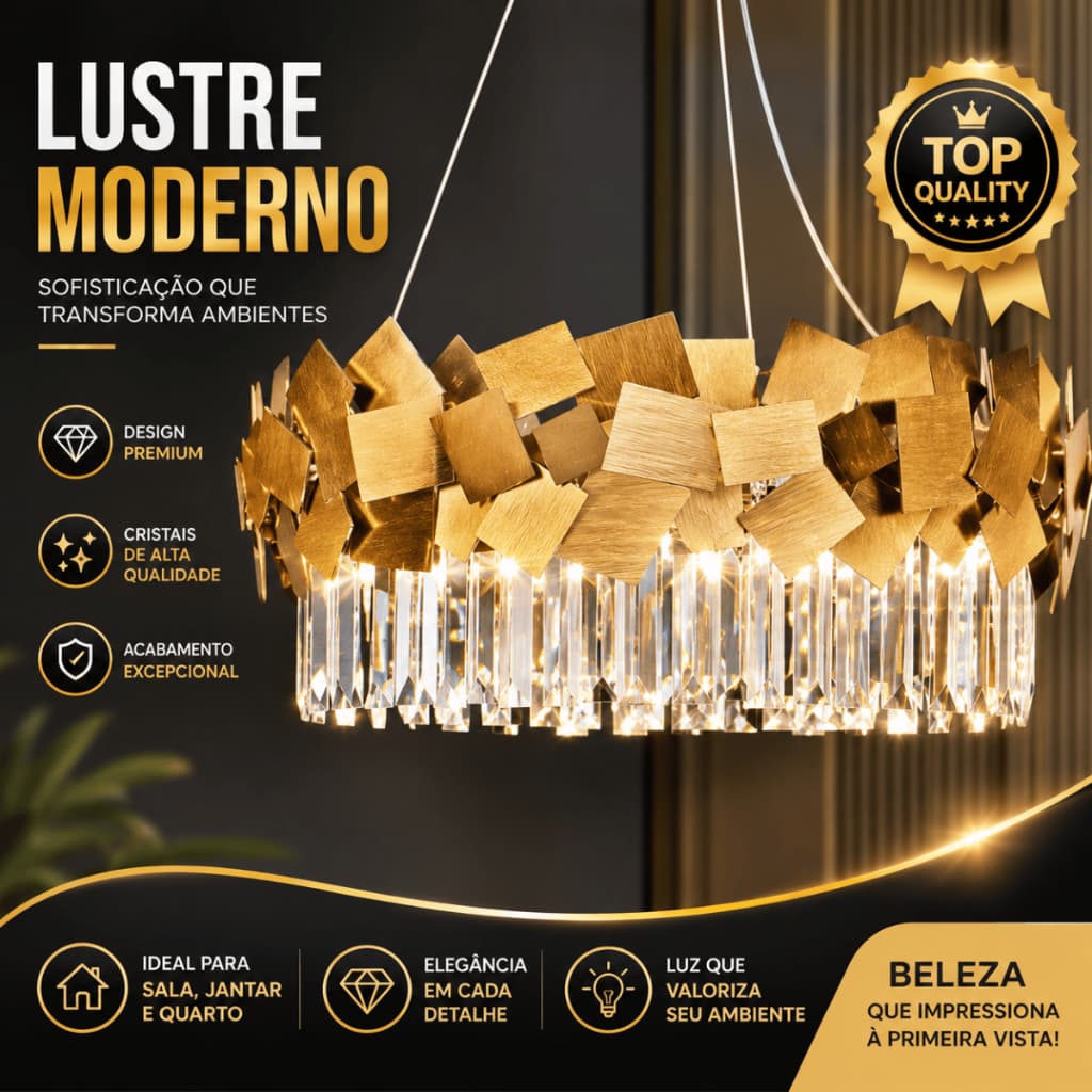 Lustre Moderno Cristal K9 Dourado Premium Pendente Luxo E14 Bivolt Sala de Estar e Jantar