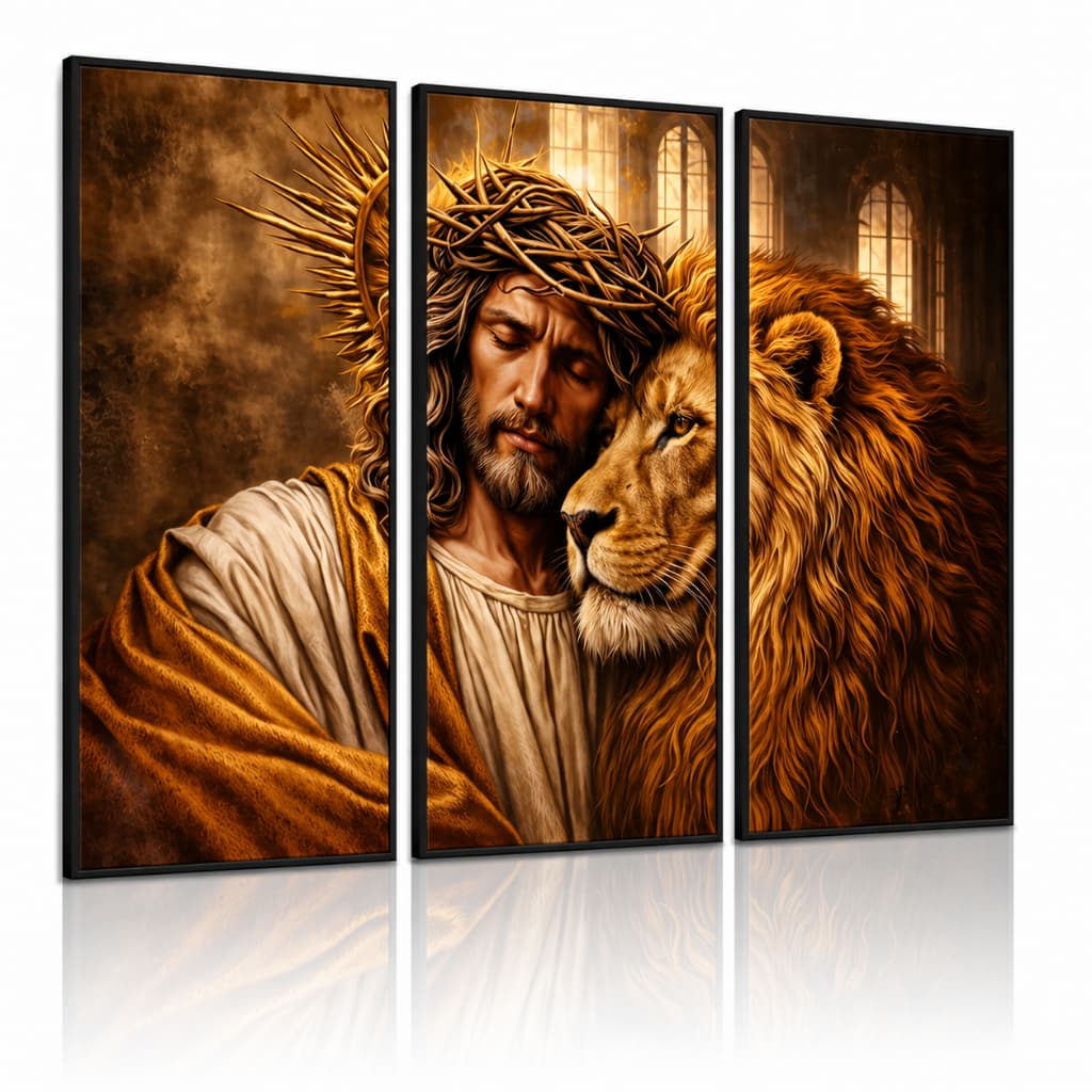 Quadros Decorativos Religiosos  3 Peças Sala Jesus e Leão – Fé Força e Proteção Capela Decoração