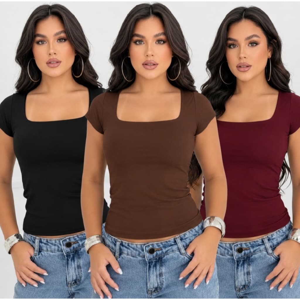 Kit 3 Blusas Femininas Caneladas Decote QUADRADO Manga Curta