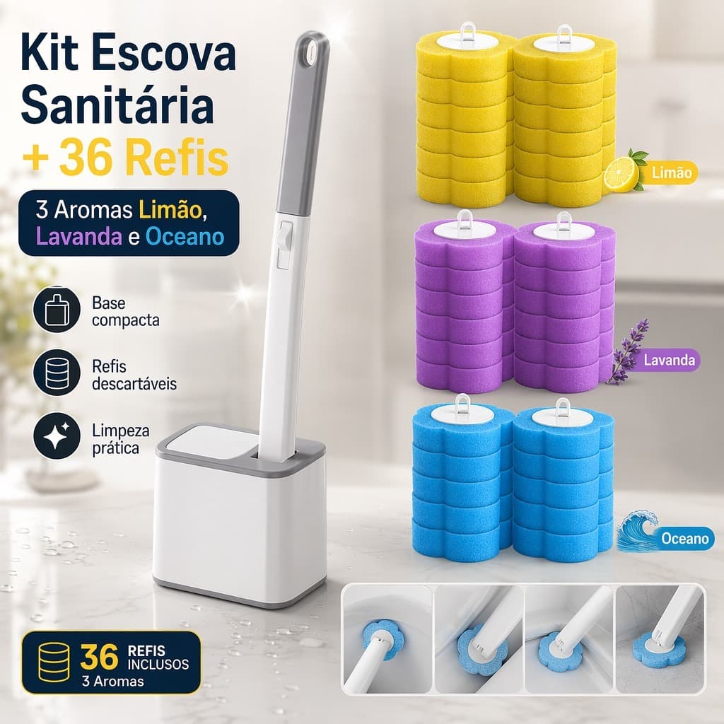 Kit Escova Sanitária Descartável com 36 Refis e Suporte de Parede, Escova para Vaso Sanitário com Detergente Integrado