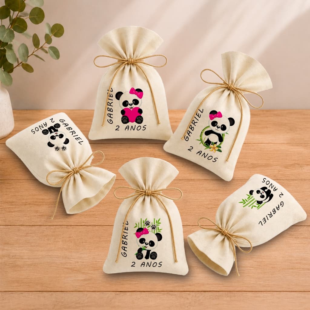 Kit 20 Saquinhos Lembrancinha Personalizada Festa Infantil Aniversário Panda Rosa 11x17