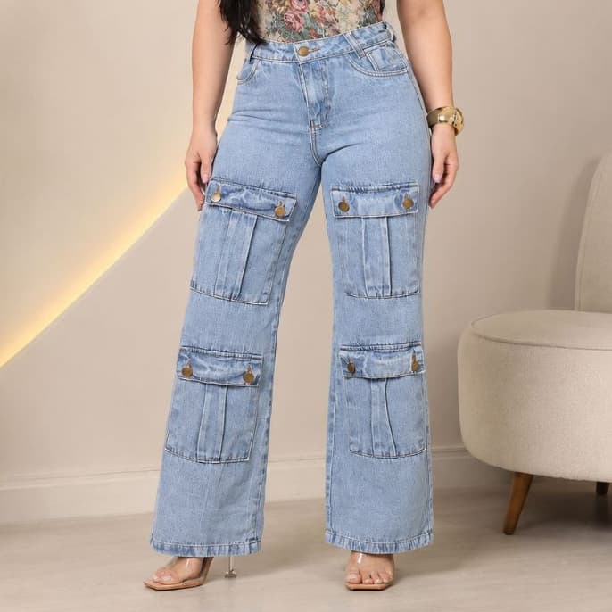 Calça Jeans Feminina Cargo Com 4 Bolsos Cintura Alta Estilo Urbano Sem Elastano - A.Ming Jeans