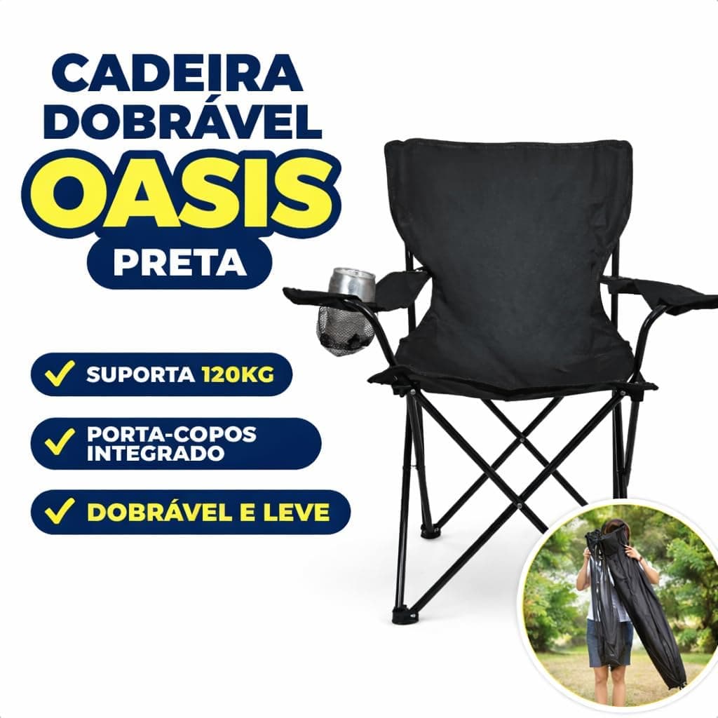 Cadeira Camping Dobrável de Metal com Bolsa e Porta Copos 120Kg Pesca Camping Praia Acampamento