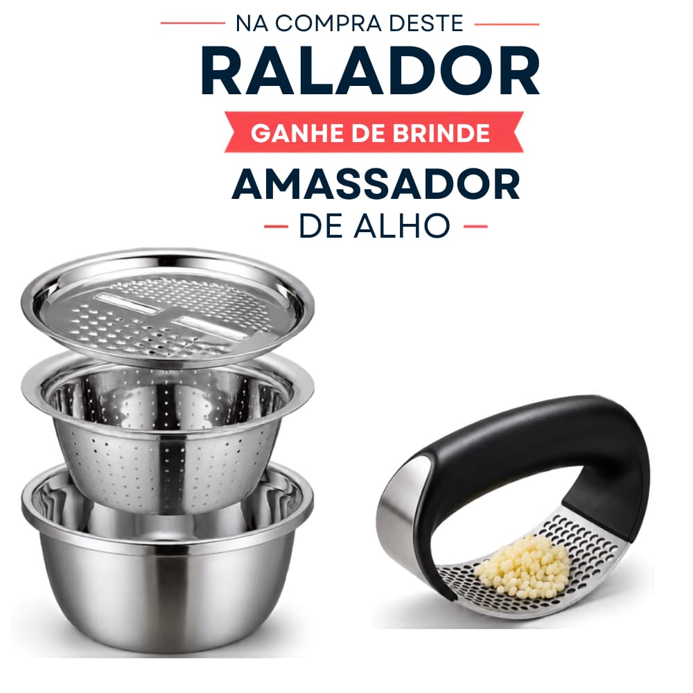 Kit 4 em 1 Ralador Fatiador Escorredor Tigela Bowl em Aço Inox Multiuso com Amassador de Alho