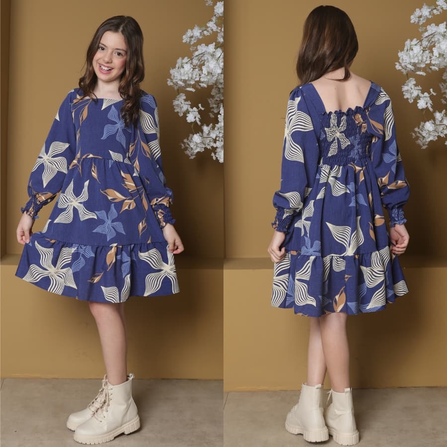Vestido Infantil Juvenil Manga Longa Estampado Crepinho Inverno Casual Meninas